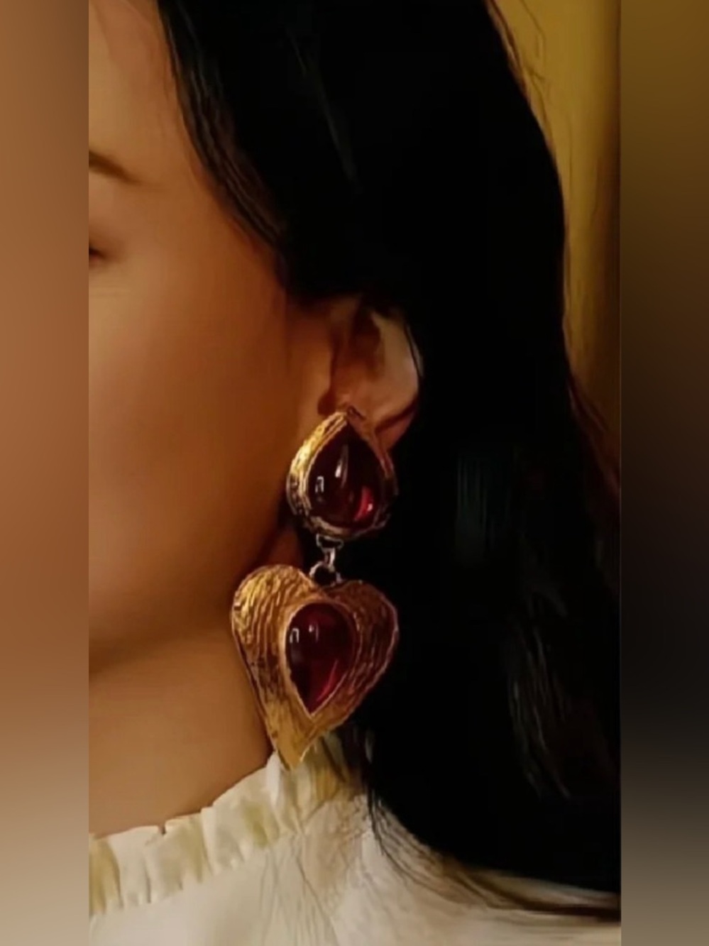 Gold and Deep Red Teardrop Heart Dangle Earrings